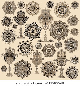A set of richly decorated elements in the style of mehndi. A set of "Palms of Fatma", polyphyllus, mandalas that can be used as a background or as design elements.