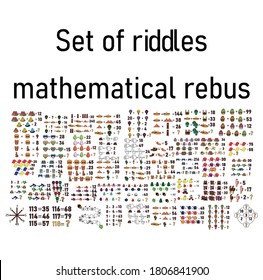 Set of riddles.Counting games for kids and adults. Educational math game. Result. Crossword for social networks. Rebus. Mathematic riddle for the mind. Riddle with numbers. Vector