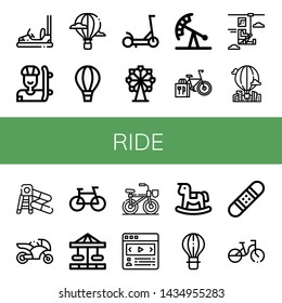 Set of ride icons such as Bumper car, Skater, Hot air balloon, Scooter, Ferris wheel, Pendulum ride, Bicycle, Zip line, Water slide, Motorcycle, Bike, Carousel, Rocking horse , ride