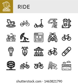 Set of ride icons such as Hot air balloon, Rocking horse, Bicycle, Scooter, Bike, Skater, Pendulum ride, Carousel, All terrain, Air balloon, Snowboard, Round up ride, Motocross ,