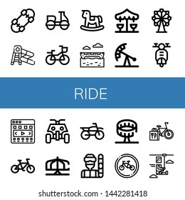 Set of ride icons such as Skateboard, Water slide, Motorcycle, Bike, Rocking horse, Banana boat, Merry go round, Pendulum ride, Ferris wheel, Scooter, Carousel, Bicycle , ride