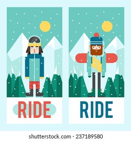 Set of riders - guys on mountains landscape background. Cute flat style. Design for flyer or phone cover.