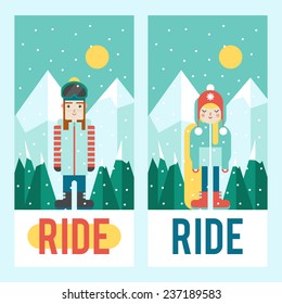 Set of riders - guys on mountains landscape background. Cute flat style. Design for flyer or phone cover.