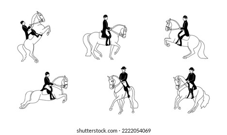 Set of riders and horses, classic dressage, black and white vector illustration