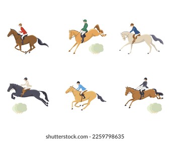 Set of riders and horses on the theme of horse hunting, vector flat illustration