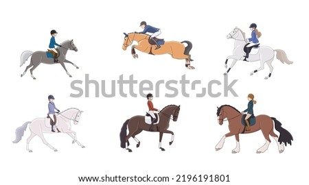 Set of riders and horses on the theme of equestrian sports, recreation, hobbies