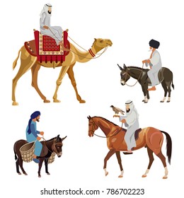 Set of riders on different animals - camel, horse and donkey. Vector illustration isolated on white background