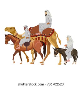 Set of riders on different animals - camel, horse and donkey. Vector illustration isolated on white background