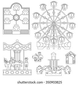 Set of rides for children: carousel, electric cars, ferris wheel, house. Outline drawing. Coloring book. Amusement park 
