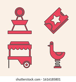 Set Riding kid duck, Attraction carousel, Ticket and Fast street food cart with awning icon. Vector