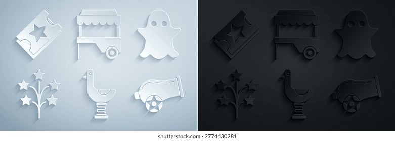 Set Riding kid duck, Ghost, Fireworks, Cannon, Fast street food cart with awning and Ticket icon. Vector