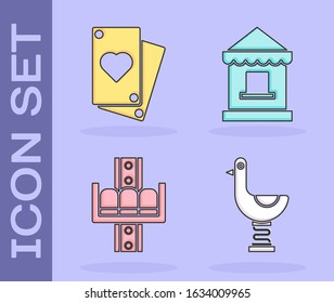 Set Riding kid duck, Playing card, Attraction carousel and Ticket box office icon. Vector