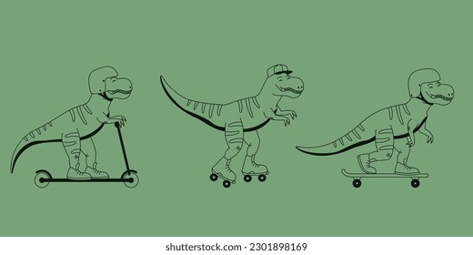 Set of riding theranosaurs. Funny predators in outline style.