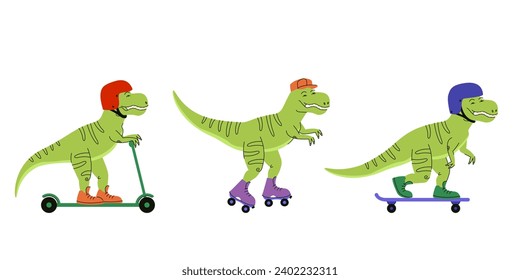 Set of riding tyrannosauruses. Funny predators in doodle style.