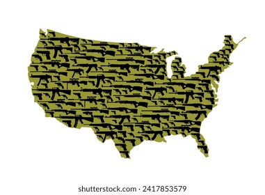 Set of rifles and guns over United States of America map vector silhouette illustration. USA map symbol. First amendment right concept. Powerful weapon collection with pistols and sniper rifles.