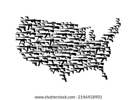 Set of rifles and guns over United States of America map vector silhouette illustration. USA map symbol. First amendment right concept. Powerful weapon collection with pistols and sniper rifles.