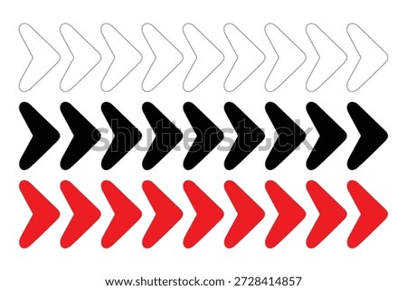 Set of right direction arrow icons in outline, black and red styles, isolated on transparent background
