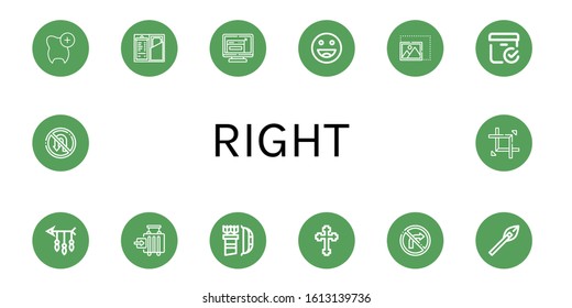 Set of right icons. Such as Check, Resize, Ok, Checked box, Arrow, Check in, Cross, No turn right, Arrows, No turn, Expand , right icons