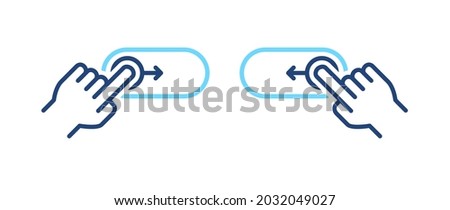 Set of right, left phone swipe gestures. On, off toggle slider blue line icons. Lock and unlock control symbols