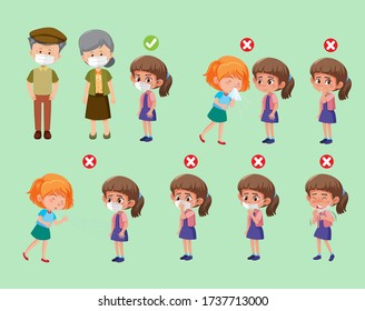 Set of right and wrong ways to protect oneself from virus illustration