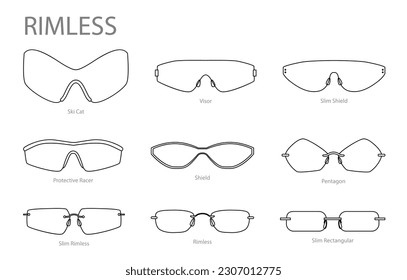 Set von Rimless Rahmen Brille Mode Accessoire Illustration. Sonnenbrillenfront für Männer, Frauen, unisex-Silhouettenstil, Flachbrille mit Felgen, Umriss im Stil von Objektivskizzen einzeln auf Weiß