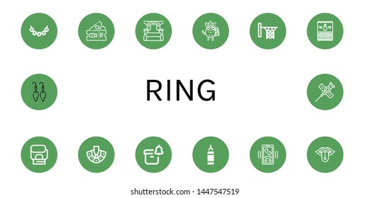 Set of ring icons such as Necklace, Romantic, Wedding, Calling, Hoop, Onion rings, Boxing gloves, Notification, Punching bag, Call, Piercing, Earrings, Cannula , ring