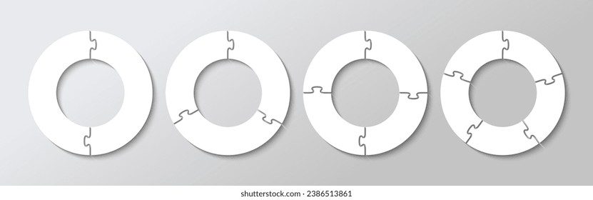 Reihe von Ring-Rätsel Gitter in einer Reihe. Vorlage für Geschäftspräsentationen. Schneiden von Vorlagen mit 2, 3, 4, 5 Stück. Einfaches Mosaikhintergrund. Details zu Jigsaw. Vektorgrafik