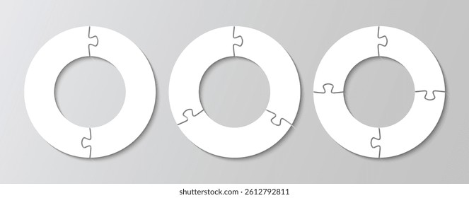 Set of ring puzzle templates with 2, 3, 4 pieces. Business presentation template. Cutting grids set in a row. Simple mosaic background. Jigsaw details with details. Vector illustration