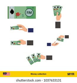 Set of Ringgit banknote. Holding, throwing Ringgit banknote.