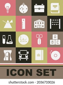 Set Ringing alarm bell, ABC blocks, Abacus, School backpack, Ruler, Light rays prism, bulb with concept of idea and building icon. Vector
