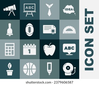 Set Ringing alarm bell, Alphabet, Protractor, Tie, American Football ball, Telescope and Certificate template icon. Vector