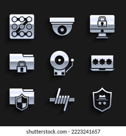Set Ringing alarm bell, Barbed wire, Incognito mode, Laptop with password, Document folder protection, Folder and lock, Lock monitor and Graphic icon. Vector