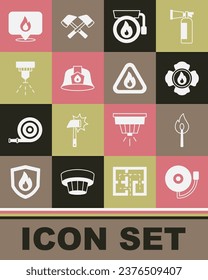 Set Ringing alarm bell, Burning match with fire, Firefighter, helmet, sprinkler system, Location flame and triangle icon. Vector