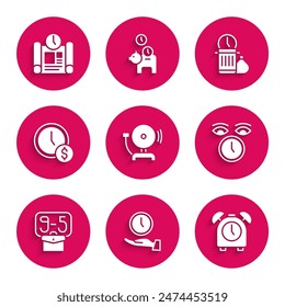 Set Ringing alarm bell, Clock, Alarm clock, From 9, Time is money, Waste of time and Project plan icon. Vector