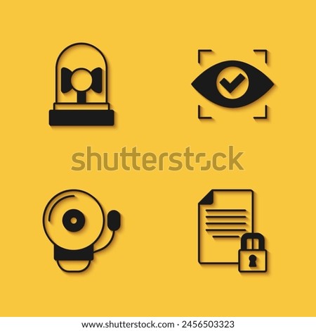 Set Ringing alarm bell, Document and lock,  and Eye scan icon with long shadow. Vector