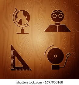 Set Ringing alarm bell, Earth globe, Triangular ruler and Student on wooden background. Vector