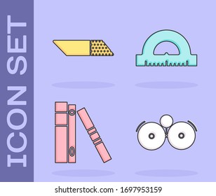 Set Ringing alarm bell, Eraser or rubber, Office folders with papers and documents and Protractor grid for measuring degrees icon. Vector