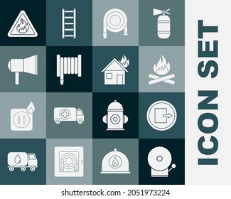 Set Ringing alarm bell, Fire exit, Campfire, hose reel, Megaphone, flame triangle and burning house icon. Vector