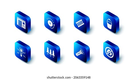 Set Ringing alarm bell, Fire escape, bucket, No fire, Flashlight, Forest, Electricity spark and Building of station icon. Vector