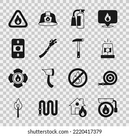 Set Ringing alarm bell, Fire hose reel, Flasher siren, extinguisher, system, flame triangle and Firefighter axe icon. Vector