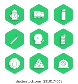 Set Ringing alarm bell, Fire flame triangle, Firefighter helmet, burning building, Water drop, Cigarette, Lighter and hydrant icon. Vector