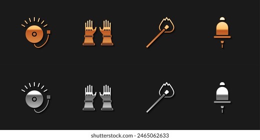 Juego de alarma de timbre, guantes de bombero, partido ardiente con el fuego y el icono. Vector