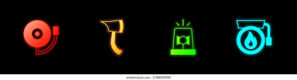 Set Ringing alarm bell, Firefighter axe, Flasher siren and  icon. Vector
