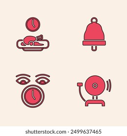 Set Ringing alarm bell, Food time,  and Clock icon. Vector