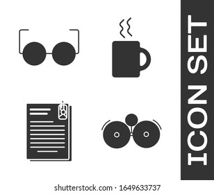 Set Ringing Alarm Glocke, Brille, File Document, Paper Clip und Coffee Cup Symbol. Vektorillustration