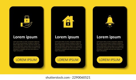 Set Ringing alarm bell, House under protection and Lock. Business infographic template. Vector