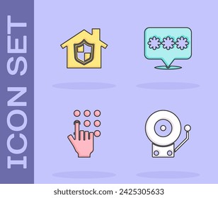 Set Ringing alarm bell, House under protection, Password and  icon. Vector