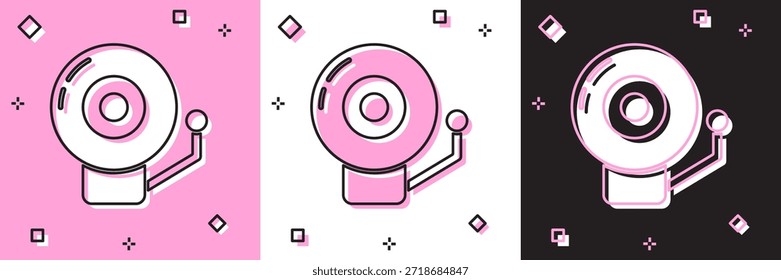 Definir ícone de campainha de alarme de toque isolado em rosa e branco, fundo preto. Símbolo de alarme, campainha de serviço, sinal de campainha, símbolo de notificação.  Vetor