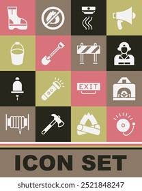 Set Ringing alarm bell, Interior fireplace, Firefighter, Smoke system, shovel, bucket, boots and Road barrier icon. Vector
