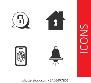 Set Ringing alarm bell, Lock, Mobile with fingerprint scanner and House under protection icon. Vector